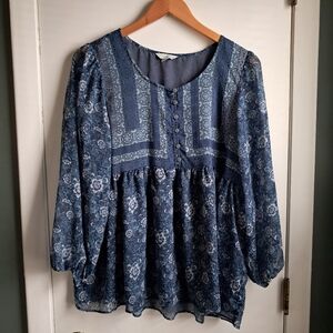 Lucky Brand Blue Floral Peasant Blouse Large
